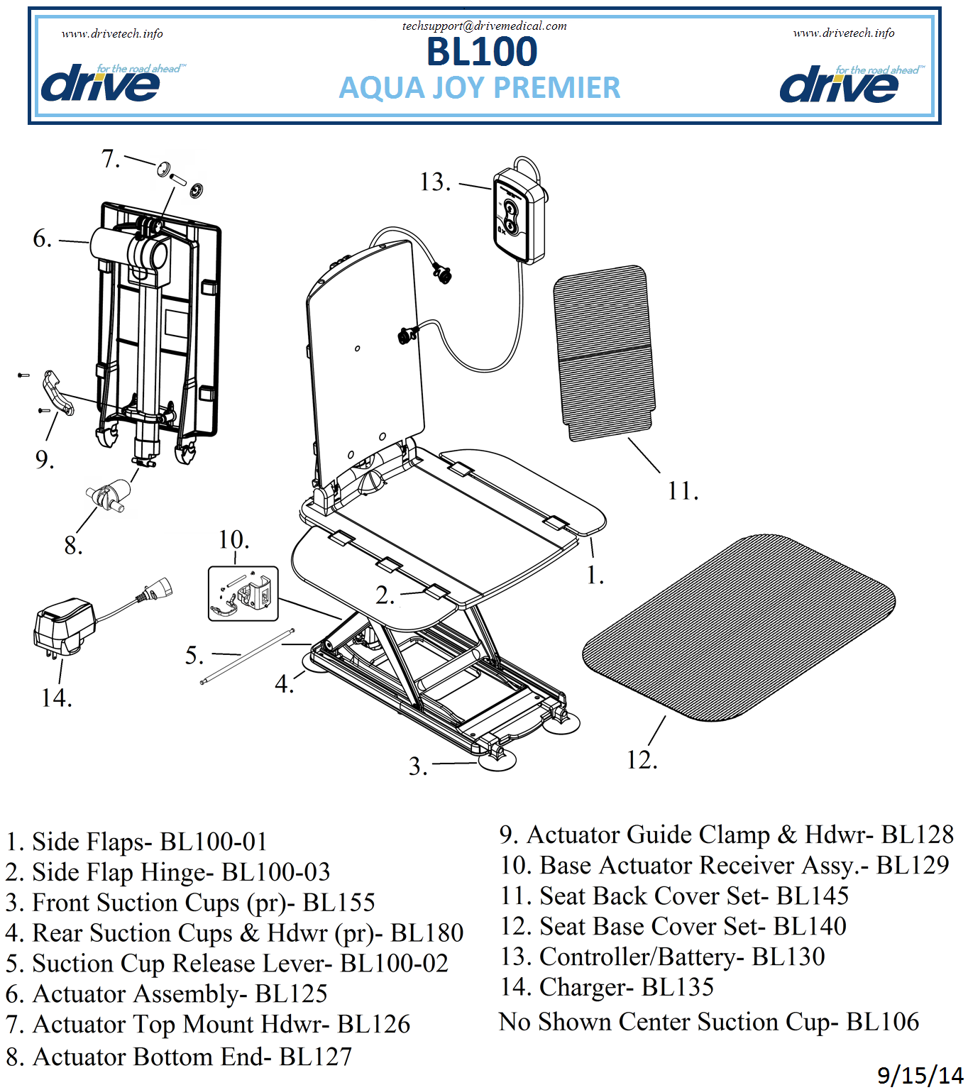 Aquajoy Premier Bath Lift BL100 - Part Diagram